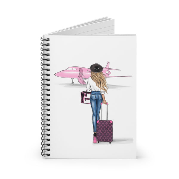 Girl and pink airplane Spiral Notebook - Ruled Line. Fashion illustration journal