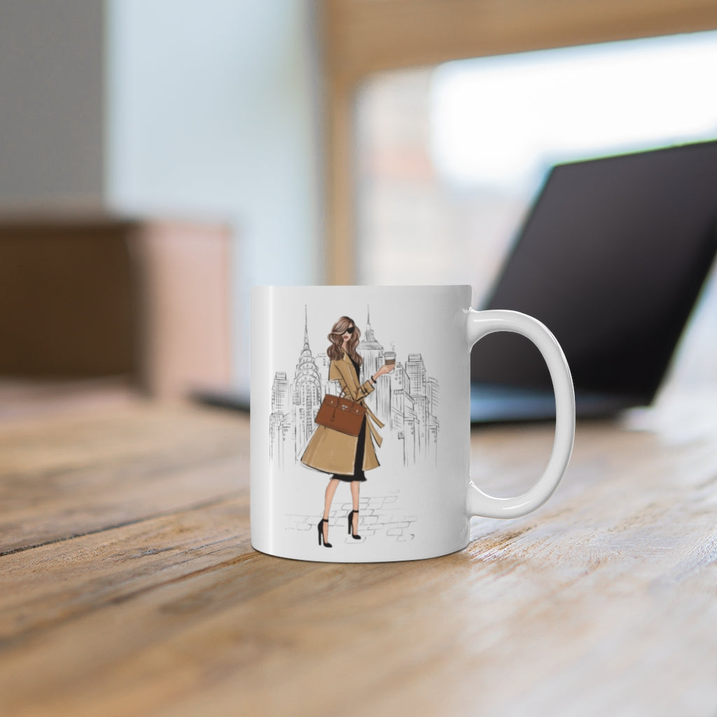 Girl in New York ceramic Mug 11oz. Fashion illustration coffee mug.