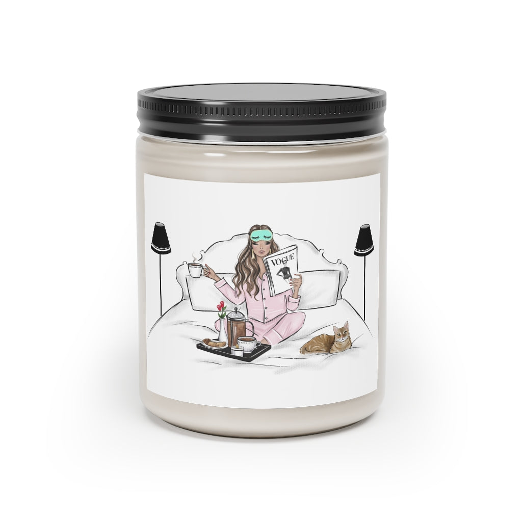 Scented glass jar Candle, 9oz with breakfast in bed girly print on sticker. Vanilla or cinnamon stick scented candle