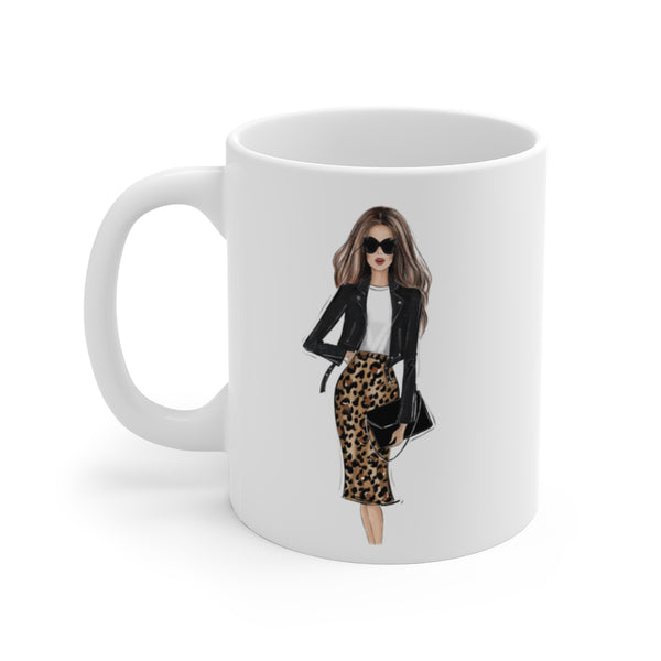 Leopard skirt girl ceramic Mug 11oz. Fashion illustration coffee mug.