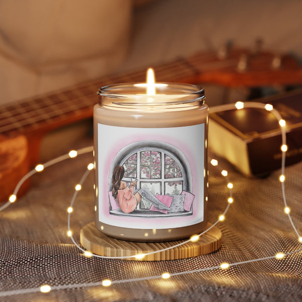 Scented Glass Jar Candle, 9oz with girl on window label. Vanilla or cinnamon stick scented candle
