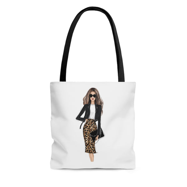 Girl in leopard skirt fashion tote bag