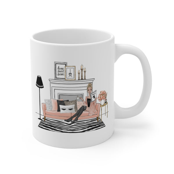 Cozy at home ceramic Mug 11oz. Fashion illustration coffee mug.
