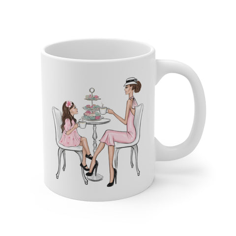 Mom and daughter tea time ceramic Mug 11oz. Fashion illustration coffee mug.