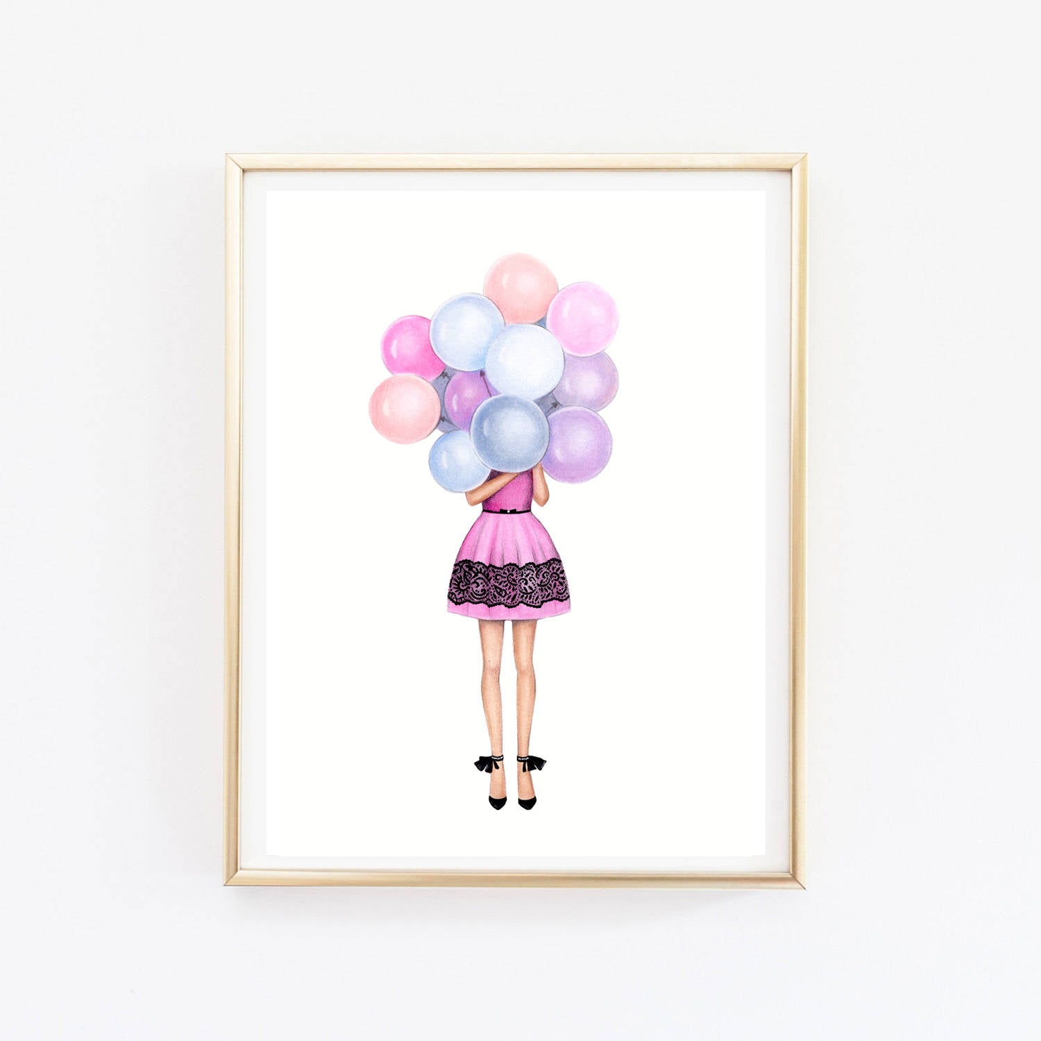 Girl with balloons art print fashion illustration
