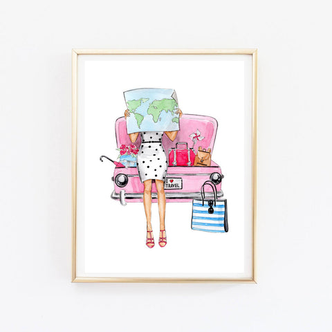 Watercolor art print fashion illustration of girl travelling by pink car