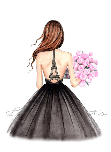 Girl with Eiffel Tower dress art print fashion illustration