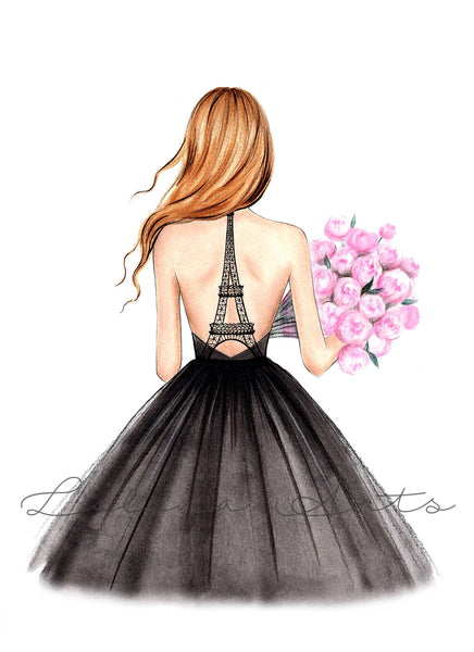 Girl with Eiffel Tower dress art print fashion illustration