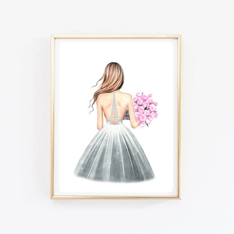 Eiffel Tower wedding dress art print fashion illustration. Girl with tulips