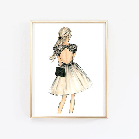 Open back dress outfit girly art print fashion illustration