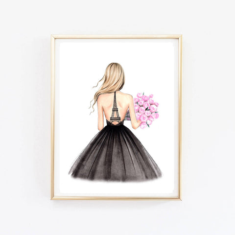 Girl with Eiffel Tower dress art print fashion illustration