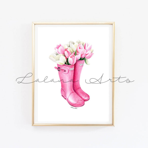 Tulips in pink boots art print fashion illustration