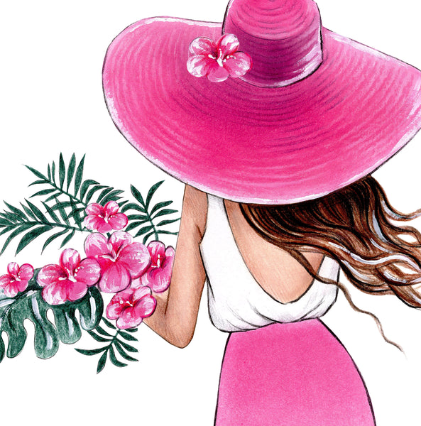 Summer art print fashion illustration of a girl with tropical flowers