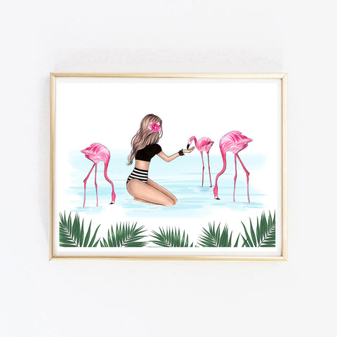 Fashion illustration art print tropical beach wall art of a beautiful girl with pink flamingos