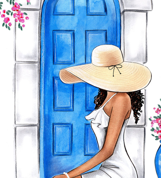 Girl and Greek Blue door art print