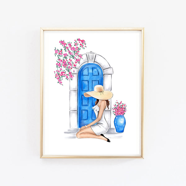 Girl and Greek Blue door art print