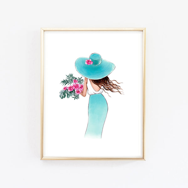Summer art print fashion illustration of a girl with tropical flowers