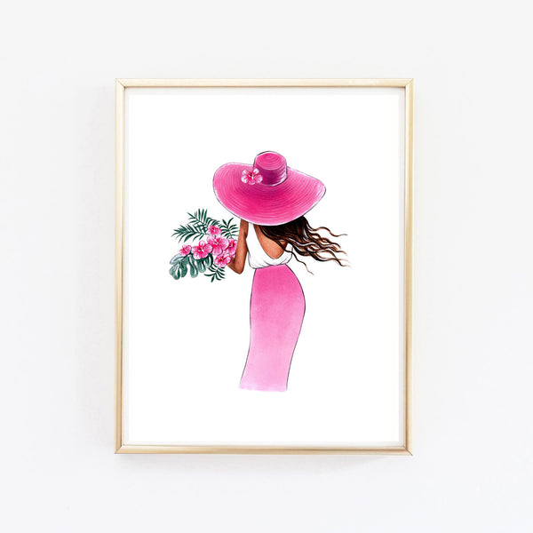 Summer art print fashion illustration of a girl with tropical flowers