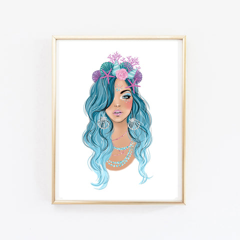 Mermaid girl art print fashion illustration