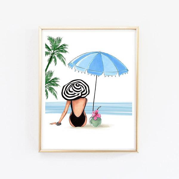 Summer tropical beach art print fashion illustration of a girl under umbrella with coconut