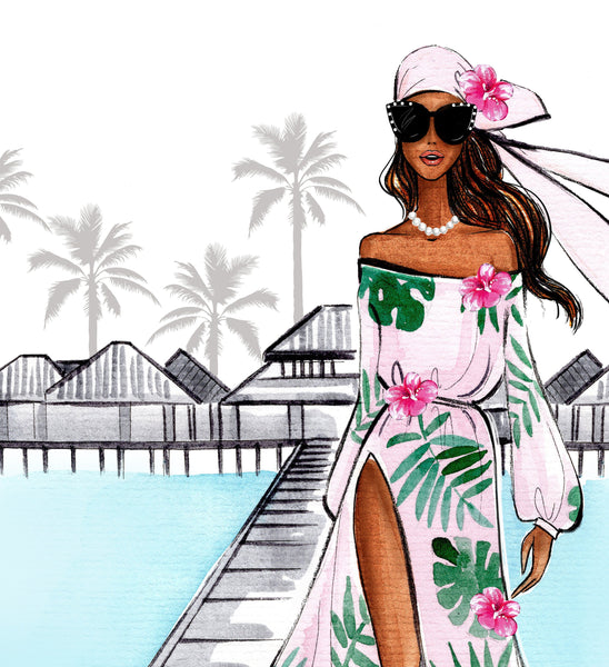 Girl on tropical resort art print fashion illustration