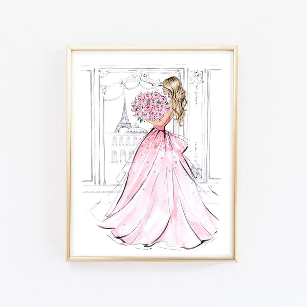 Girly watercolor fashion art of girl in gown dress with peony bouquet in Paris