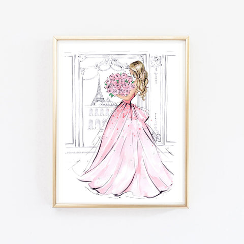 Girly watercolor fashion art of girl in gown dress with peony bouquet in Paris