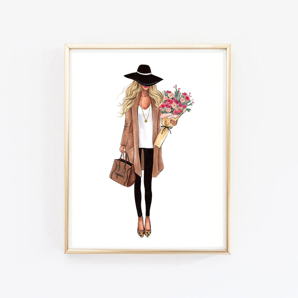 Girl with fall bouquet flowers fashion illustration art print on paper