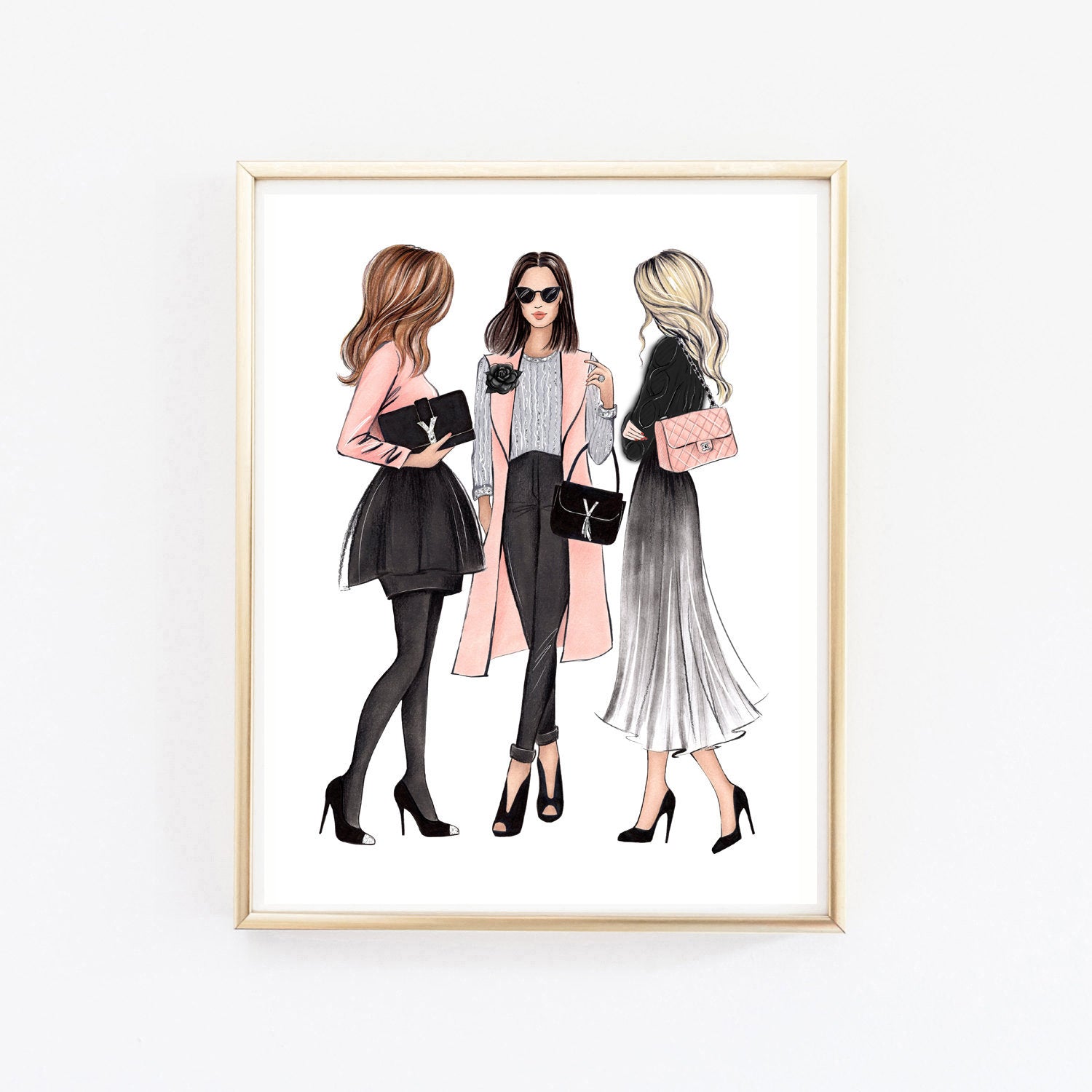 3 ladies in elegant outfits art print fashion illustration – Lalana Arts