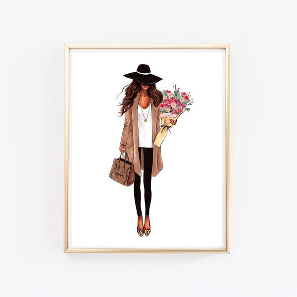 Girl with fall bouquet flowers fashion illustration art print on paper