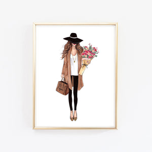 Girl with fall bouquet flowers fashion illustration art print on paper