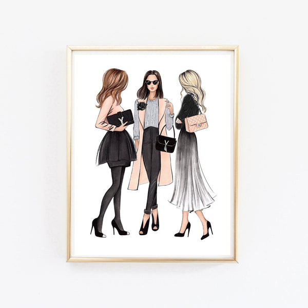 3 ladies in elegant outfits art print fashion illustration