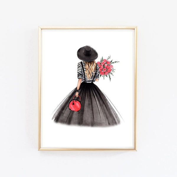 Parisian style outfit girl with red flowers art print fashion illustration