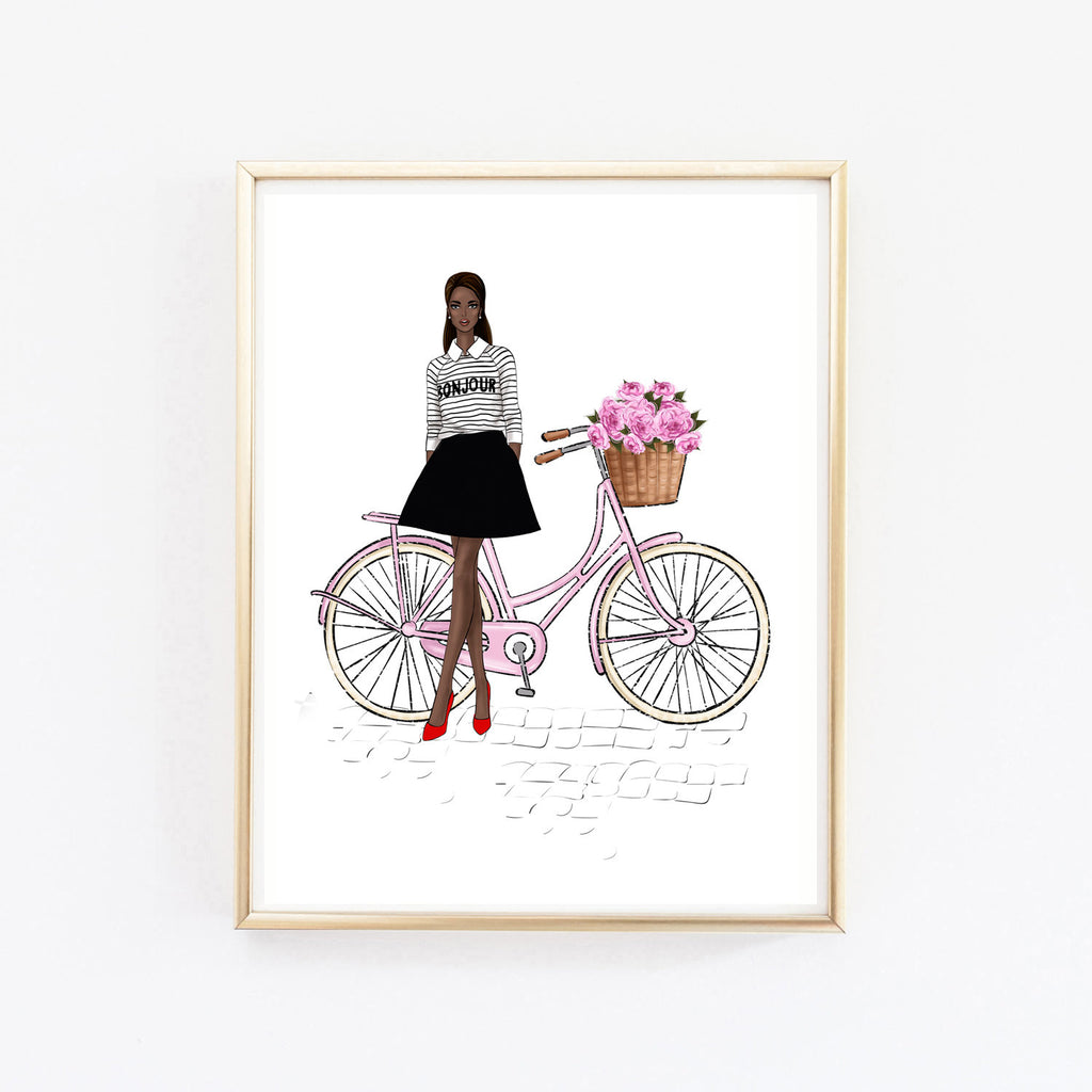 Spring fashion wall art print of french girl with bicycle – Lalana Arts