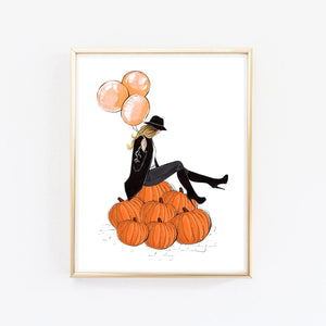 Girl on pumpkins art print fashion illustration