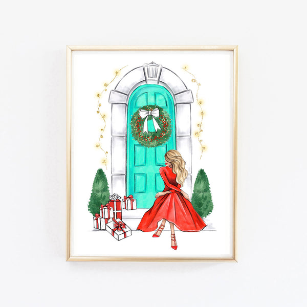 Christmas art fashion illustration of a girl in red dress sitting on stairs near door with Christmas decor