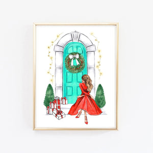 Christmas art fashion illustration of a girl in red dress sitting on stairs near door with Christmas decor