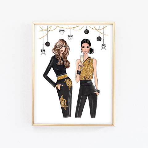 Christmas theme art print fashion illustration of 2 ladies in elegant outfits