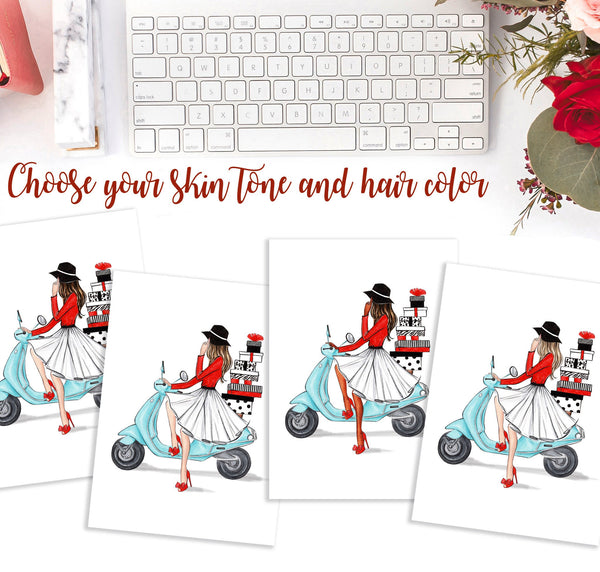 Christmas art fashion illustration of a girl on motorbike with gifts