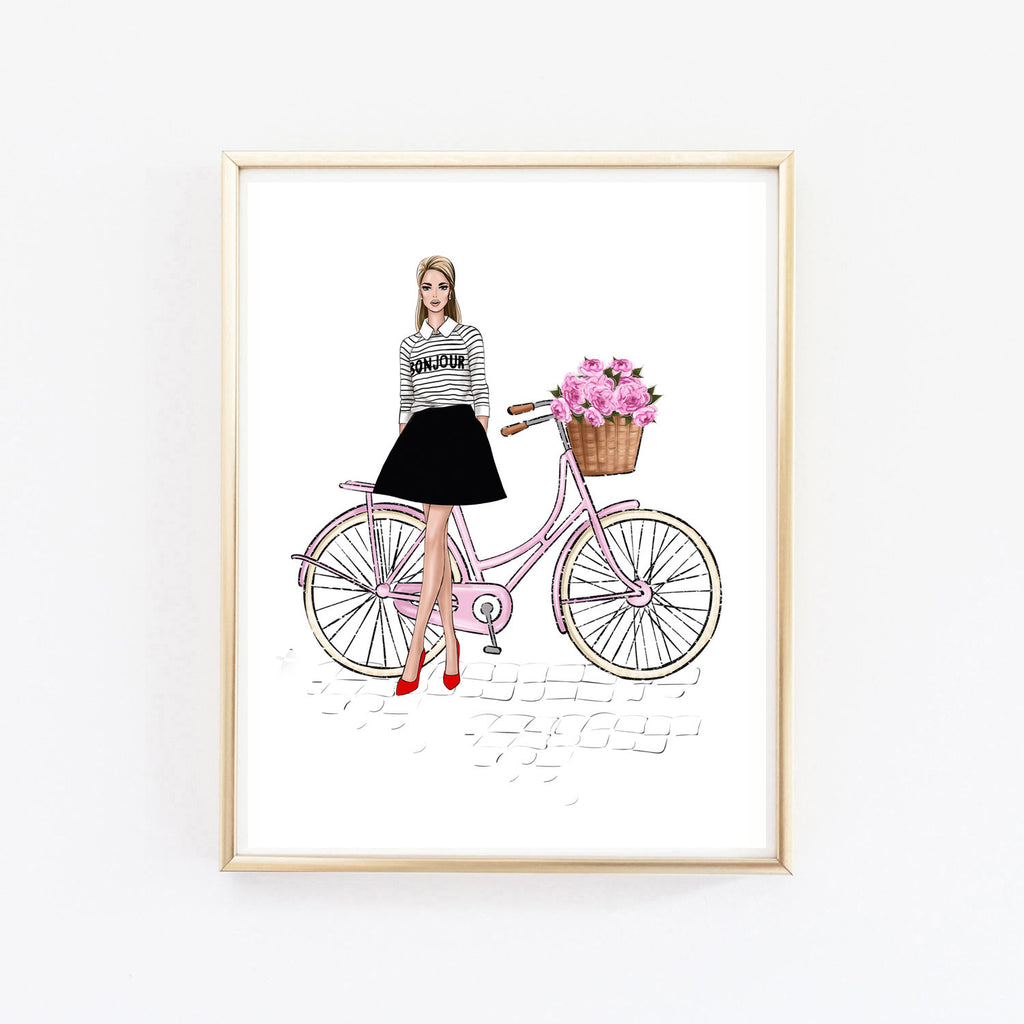 Spring fashion wall art print of french girl with bicycle – Lalana Arts