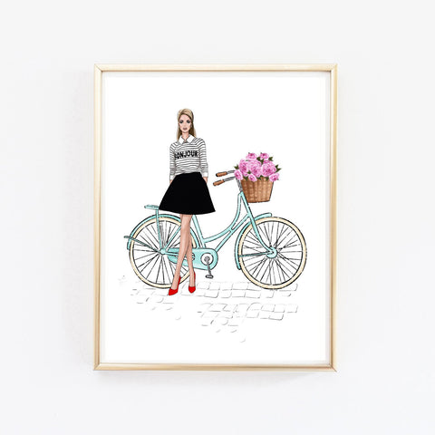 Spring fashion wall art print of french girl with bicycle