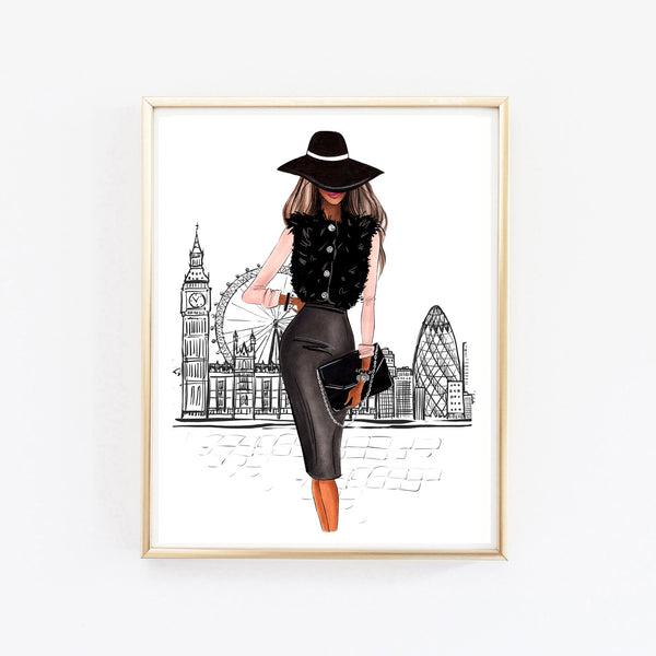 Elegant girl in London art print fashion illustration
