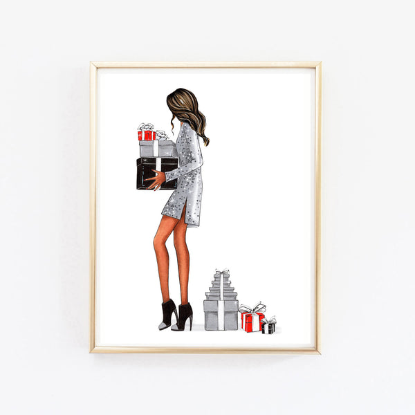 Girl with Christmas gifts art print fashion illustration