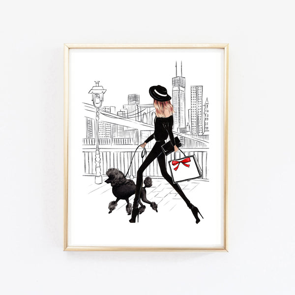 Girl with black Poodle art print fashion illustration
