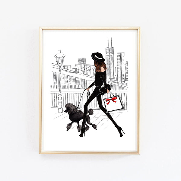 Girl with black Poodle art print fashion illustration