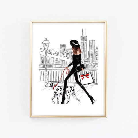 Girl with Dalmatian in New York art print fashion illustration