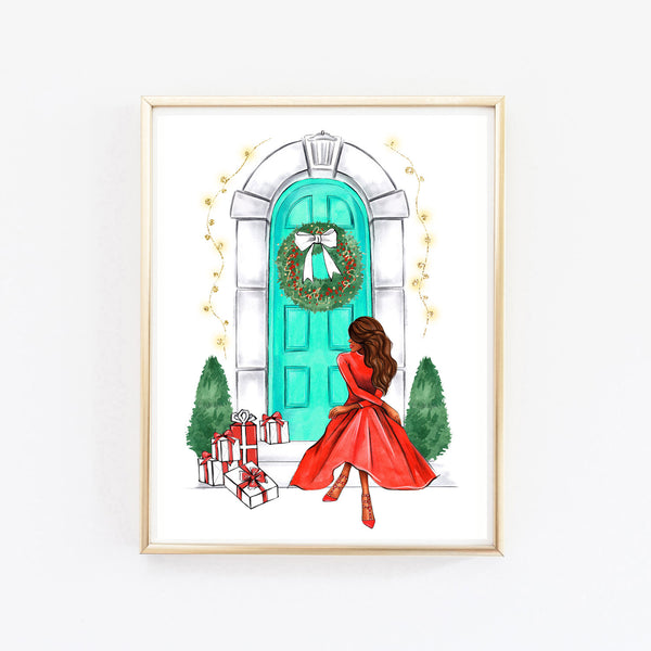 Christmas art fashion illustration of a girl in red dress sitting on stairs near door with Christmas decor