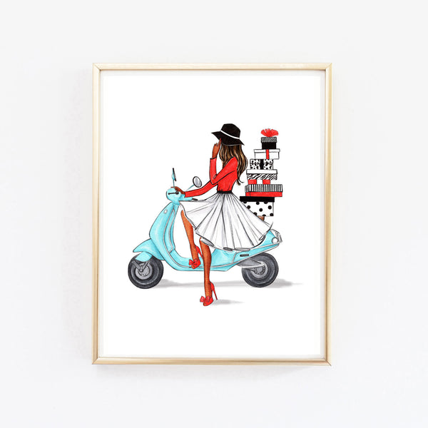 Christmas art fashion illustration of a girl on motorbike with gifts