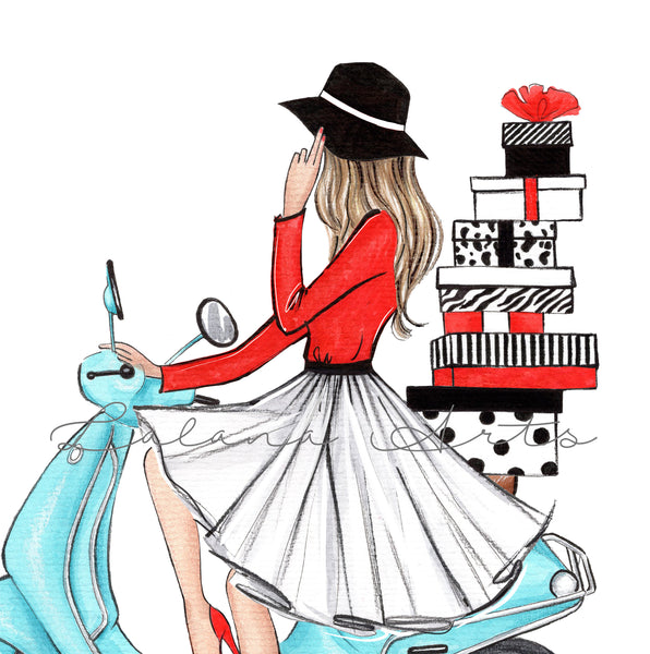 Christmas art fashion illustration of a girl on motorbike with gifts