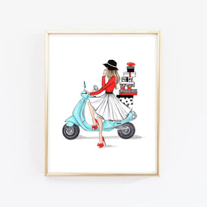 Christmas art fashion illustration of a girl on motorbike with gifts